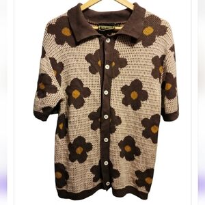 Massive Luxury Knit crochet Brown short sleeve shirt Retro Floral Small Unisex
